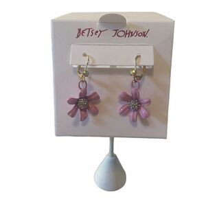 Betsey Johnson Pink Flower Drop Earrings w/ Pave Crystal Center.
